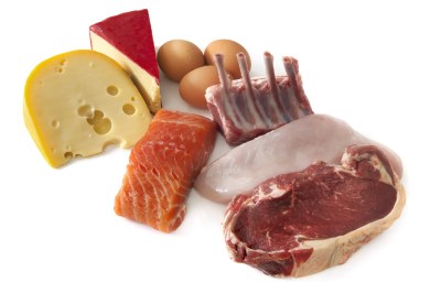 Sources of protein, including cheese, eggs, fish, lamb, chicken and beef. Isolated on white.